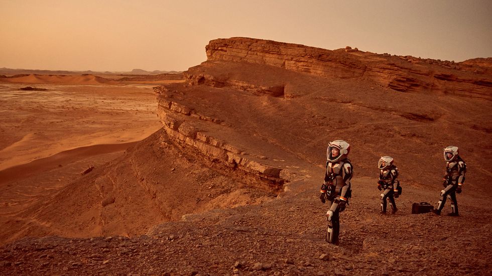 The first crew of Martian astronauts survey their new home. Credit: Mars, National Geographic Channel