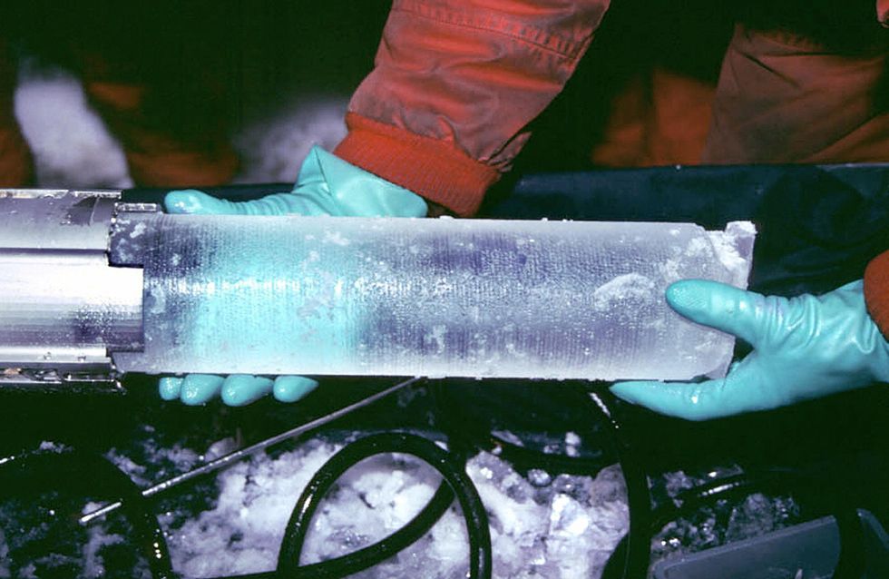 This photo shows a glaciologist removing a core of ice to study the chemical make-up of its body dating back to 1840, in Law Dome Camp, Antartica, 1993. The 2016 MIT study in question happened at a nano-scale – so it'll be a while (or never) before they c