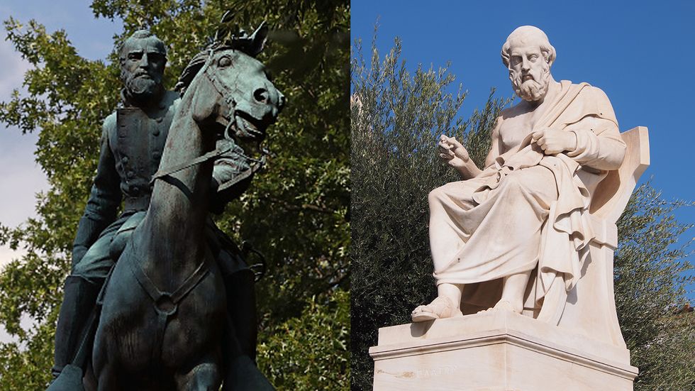 A statue of Confederate general Thomas Jonathan 'Stonewall' Jackson, and a statue of the philosopher Plato.