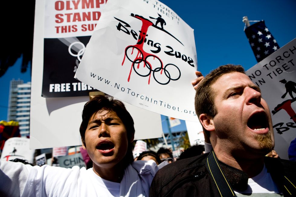 Protestors sounding off about China’s policies in the run-up to the 2008 Beijing Olympics.