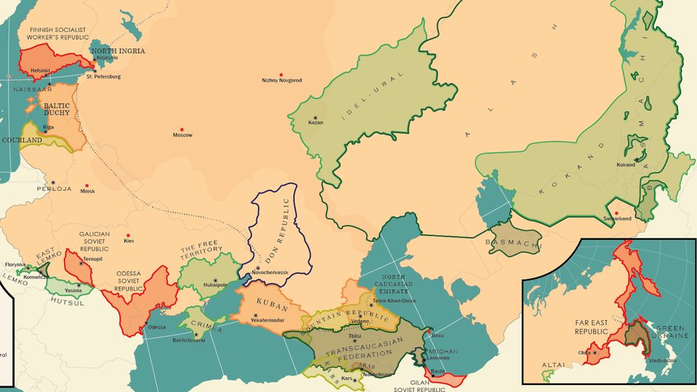 A map of some of the dozens of short-lived states that existed after the fall of the Czar and before the consolidation of Soviet power.