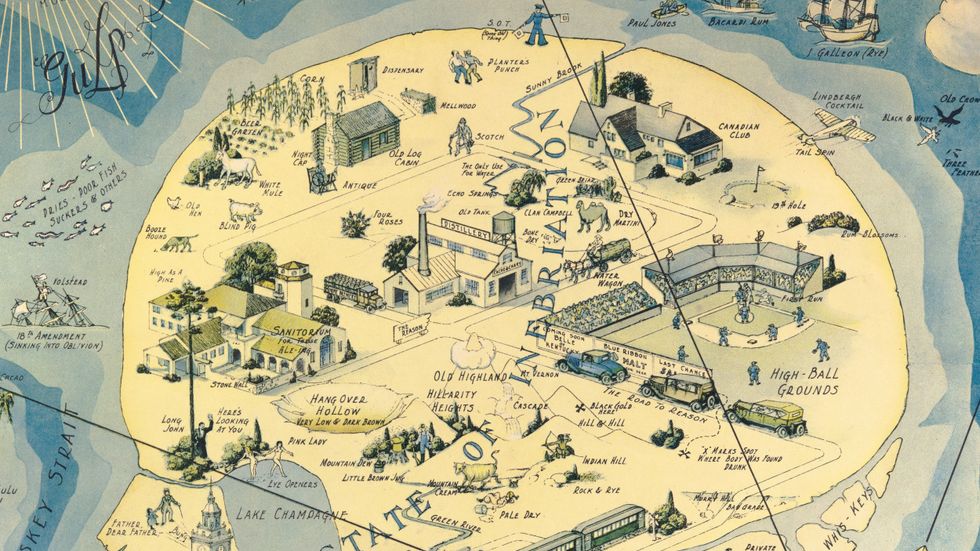 'Isle of Pleasure', a 1931 map by H.J. ('Heinie') Lawrence, shows the pleasures of alcohol, even though Prohibition was still not officially abolished