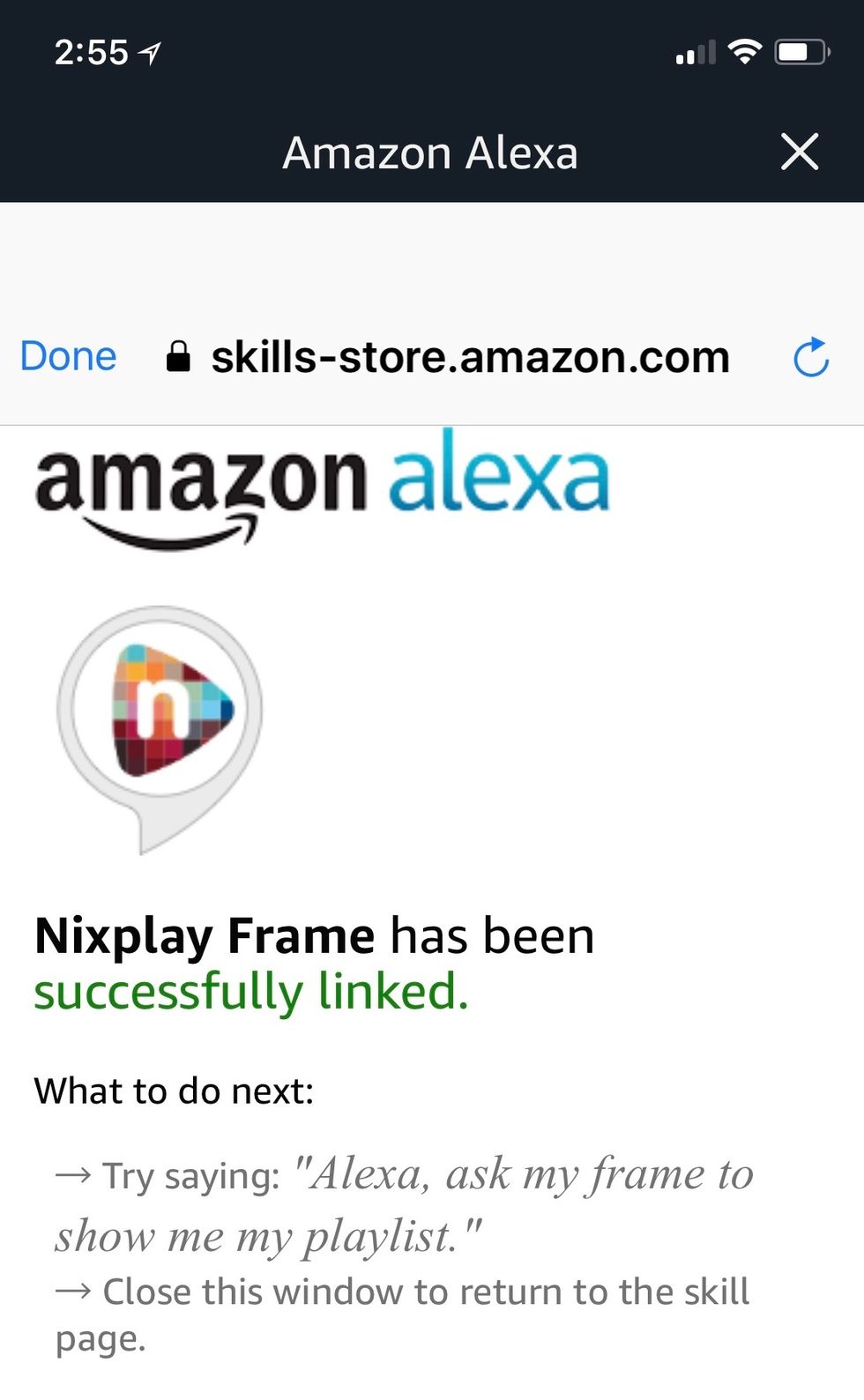 Picture of Alexa skill page in Alexa app for Nixplay Seed.