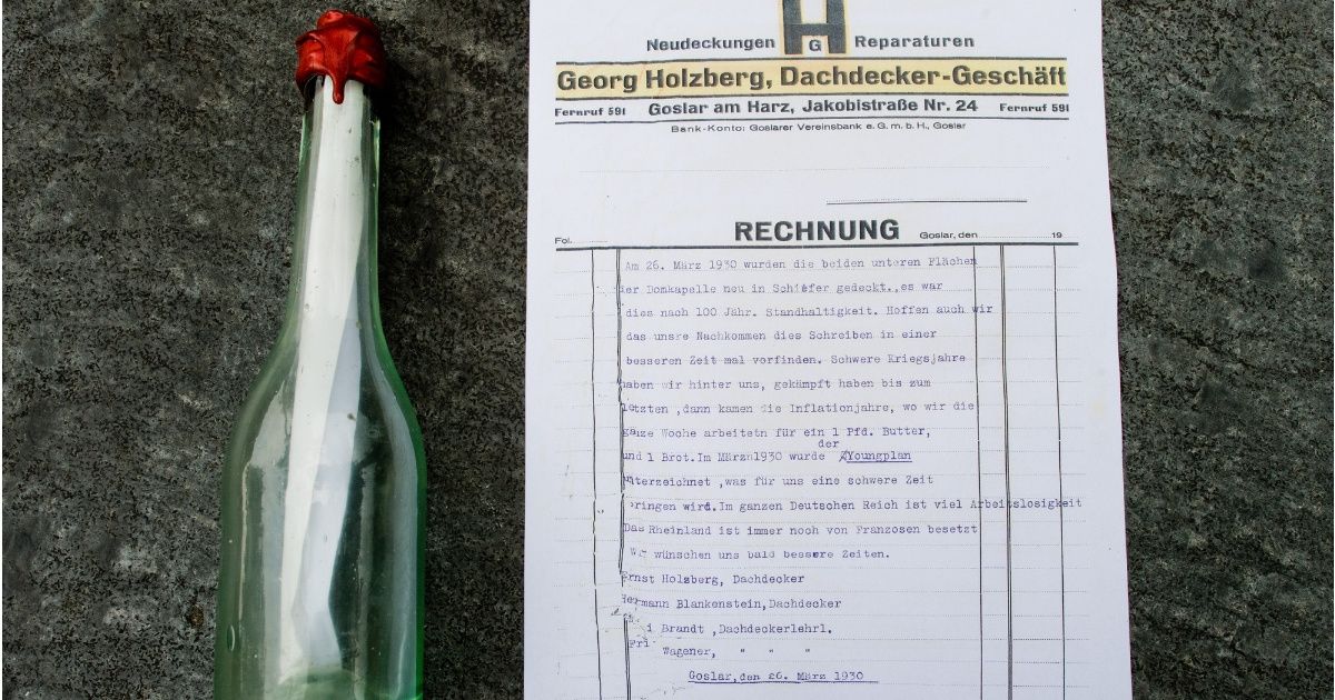 German Roofer Discovers Message In A Bottle Hidden In Cathedral—And It Was Written By His Own Grandfather