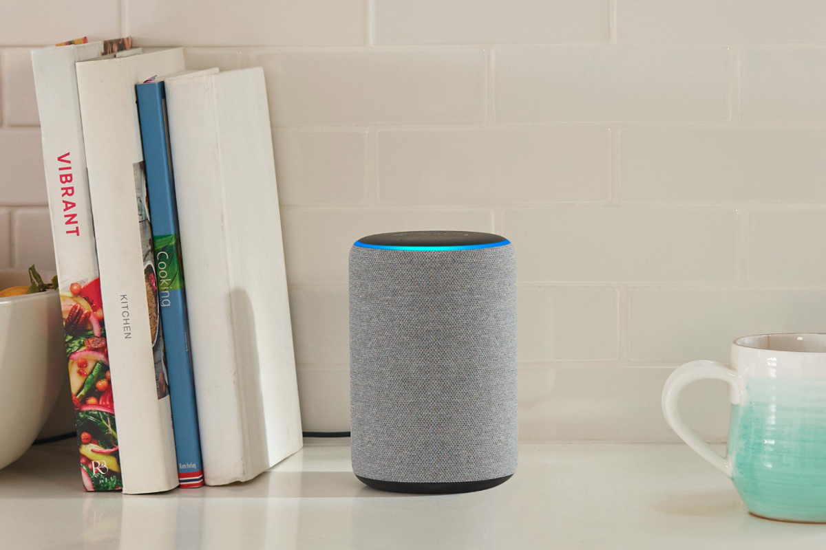 a photo of Echo Plus smart speaker on a shelf
