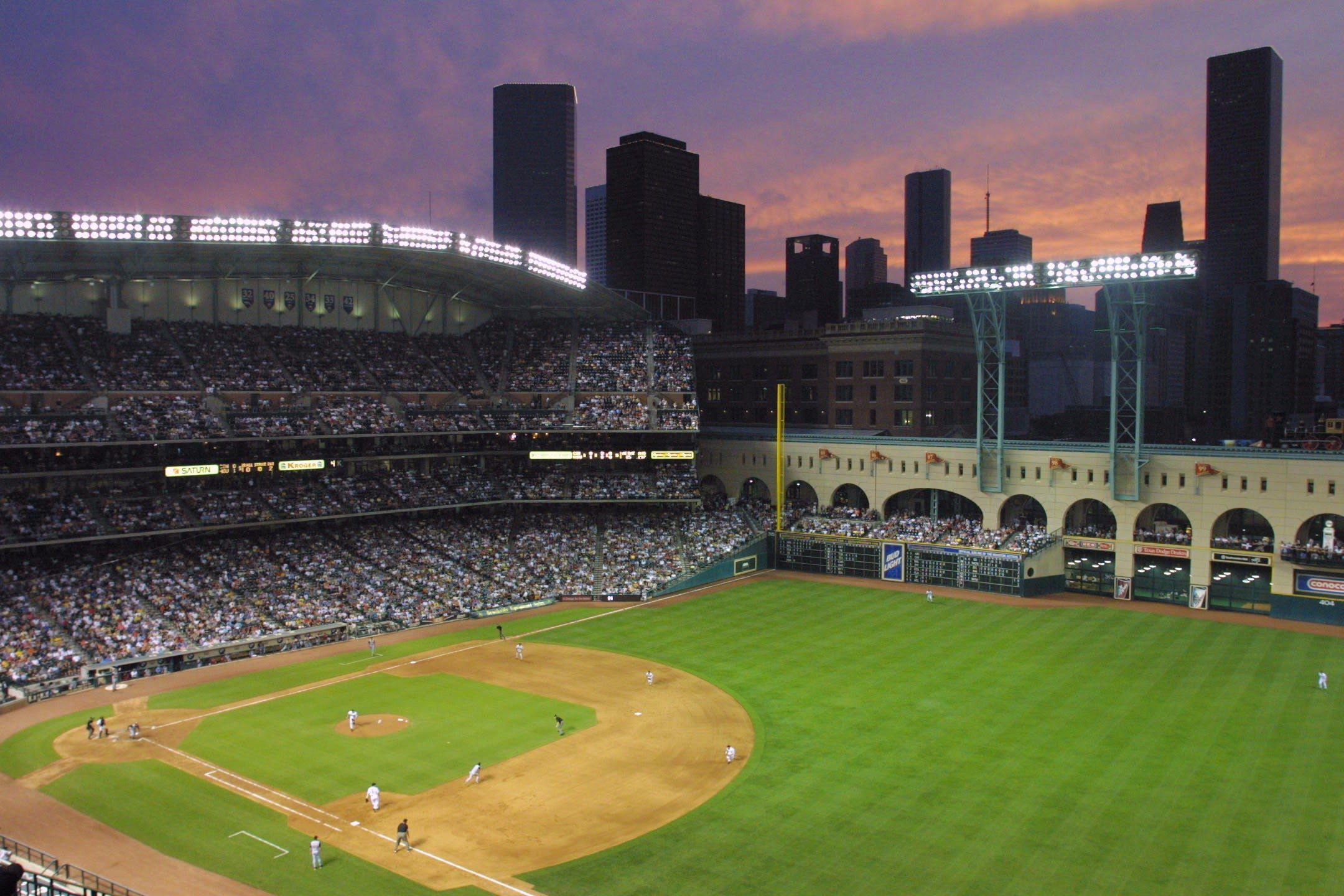 Night game with roof open at Minute Maid Park