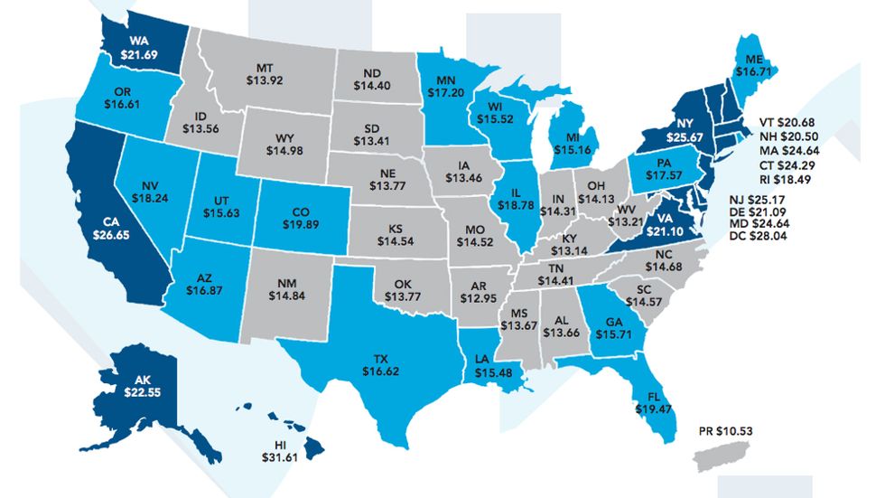 What you'd need to earn per hour in each U.S. state to afford a standard 2-BR apartment. (Image: National Low Income Housing Coalition)