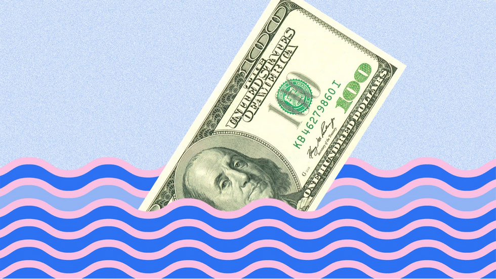 sinking $100 bill, drowning cash