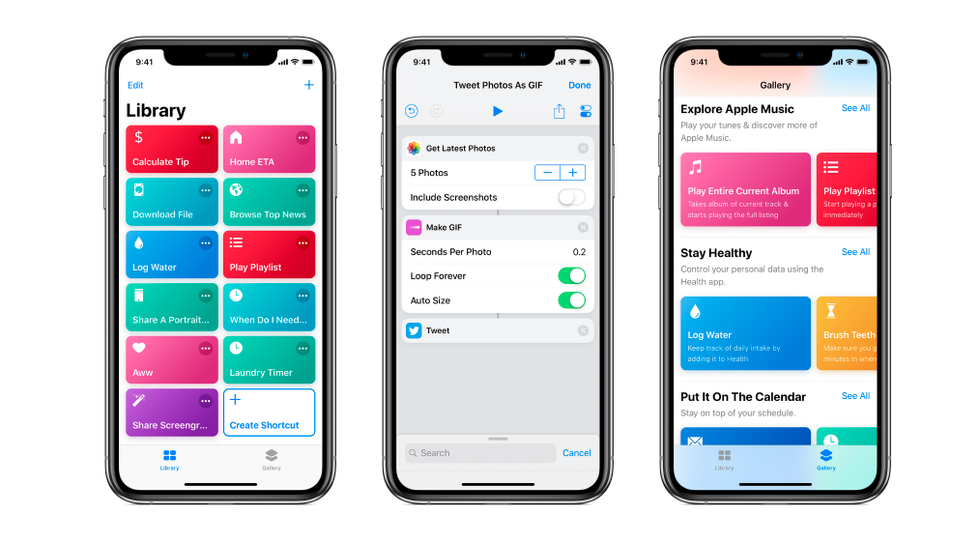 Three iPhones open with screens showing different color blocks including music, and shortcuts for Apple users