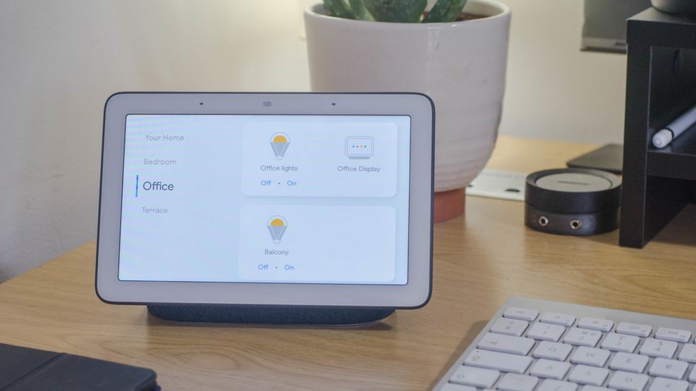 A photo of Google Home Hub showing a person's work calendar