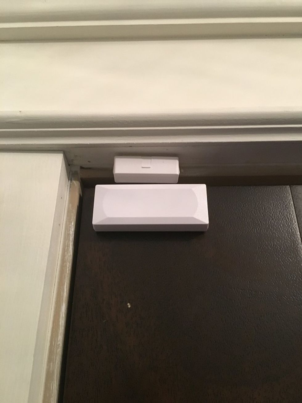 Photo of Lifeshield door sensor on a door.