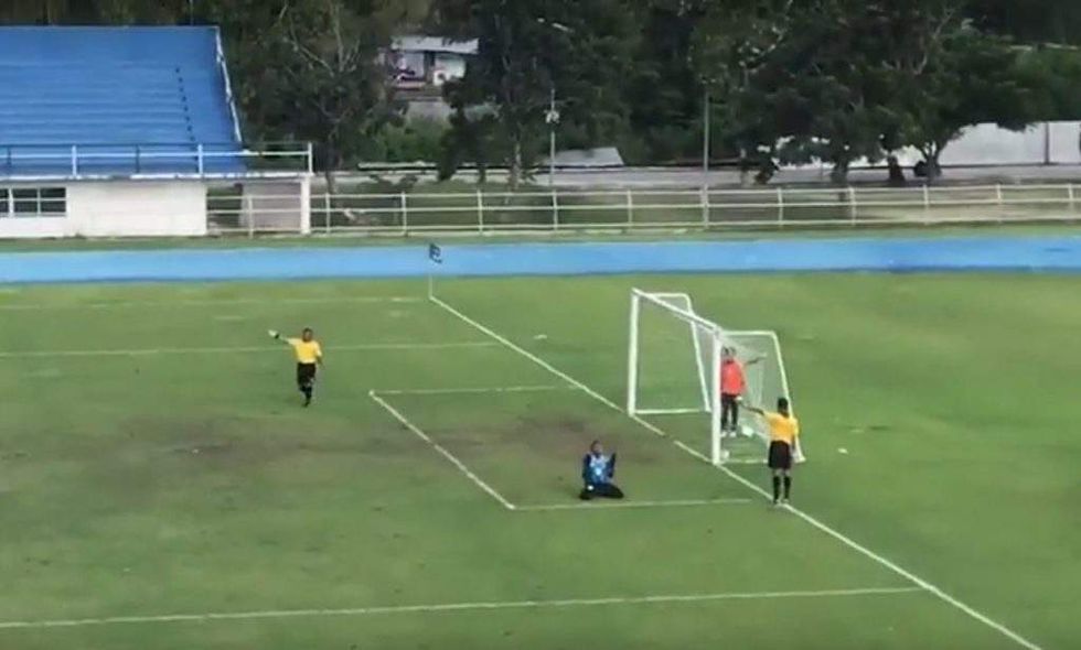 Watch what happens when a soccer goalie celebrates a rare missed