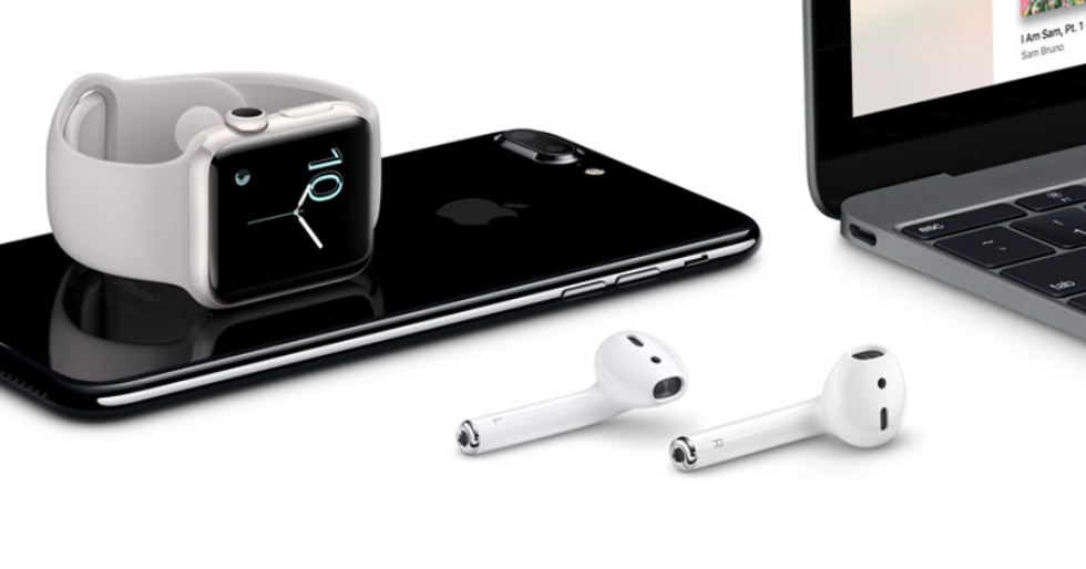Pictrure of iPhone, apple watch, Mac computer and airpods.