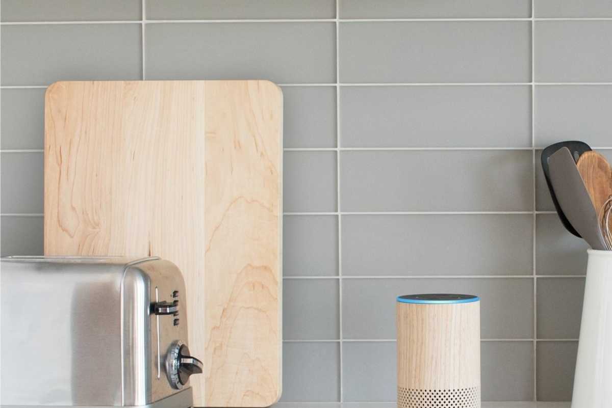 Amazon Echo 2nd Gen on a kitchen counter next to a toaster