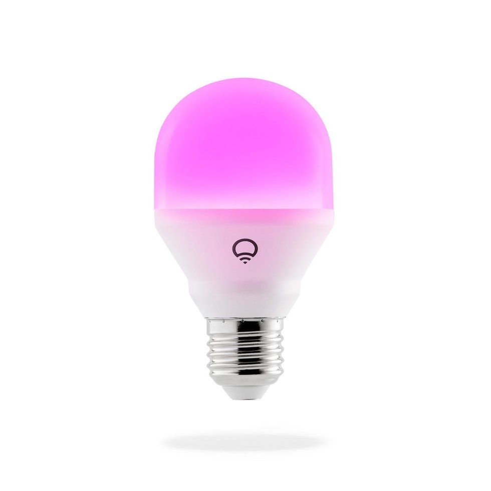 A Lifx light bulb glowing pink