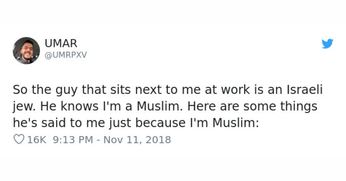 Muslim Man Shares The Way His Jewish Co-Worker Treats Him Every Day To Make A Beautiful Point