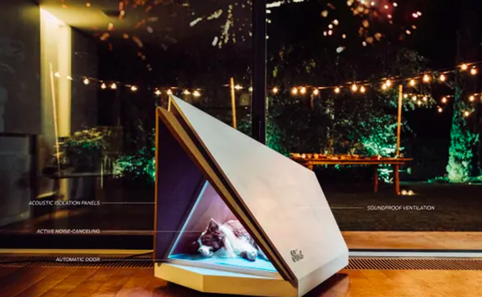 A dog sleeping in a new dog house