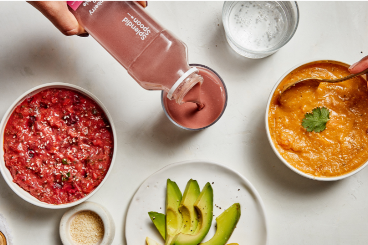 salsa and squash with a smoothie on white table