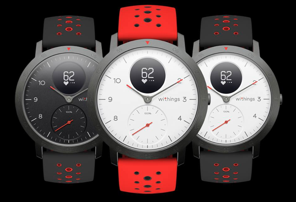 The Withings Steel HR Sport Smartwatch in three different color options including red and black bands