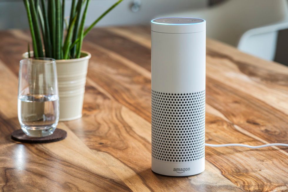 A photo of an Amazon Echo, which when better able to hear its wake word, may also end up more power efficient