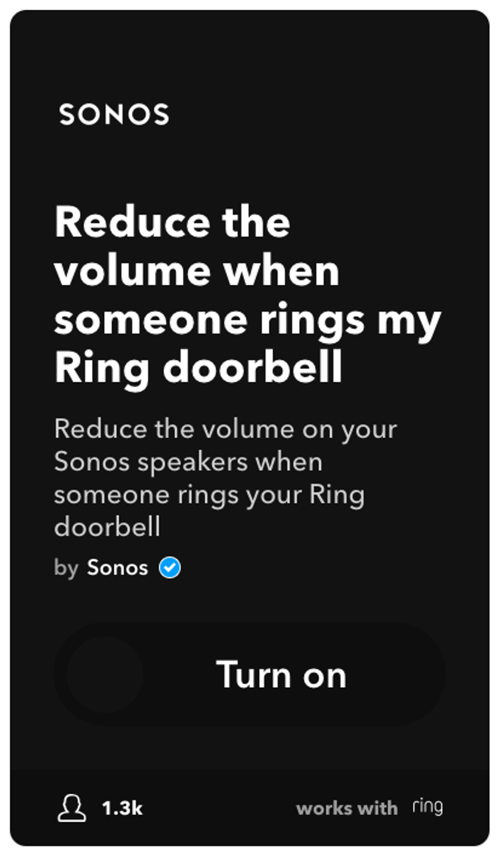 screenshot of IFTTT applet Reduce the Sonos volume when someone rings the bell