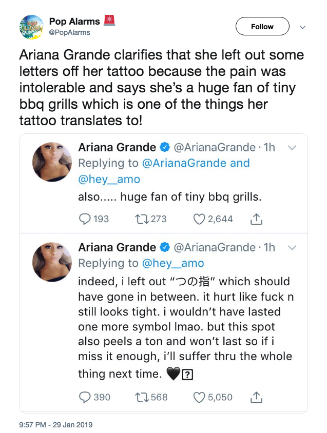 Ariana Grande Addresses Misspelled Japanese Tattoo