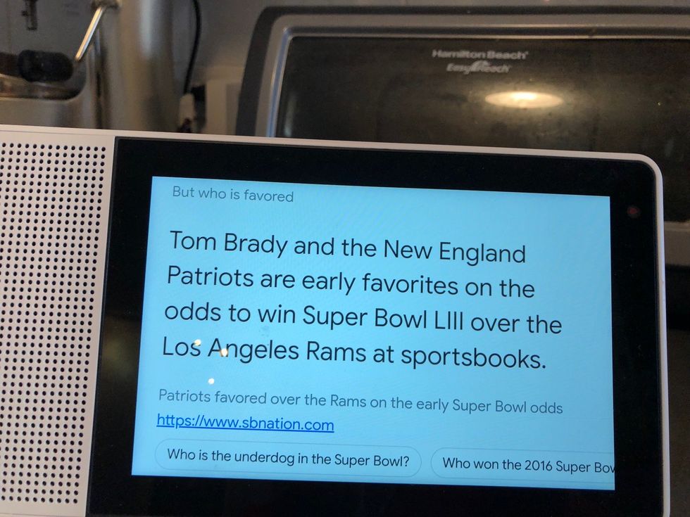 Picture of Super Bowl 2019 Google Assistant screen on a Lenovo Smart Display