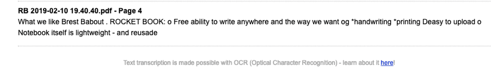 A photo of the transcription that the handwriting beta feature from Rocketbook created from my notes, which are not quite accurate