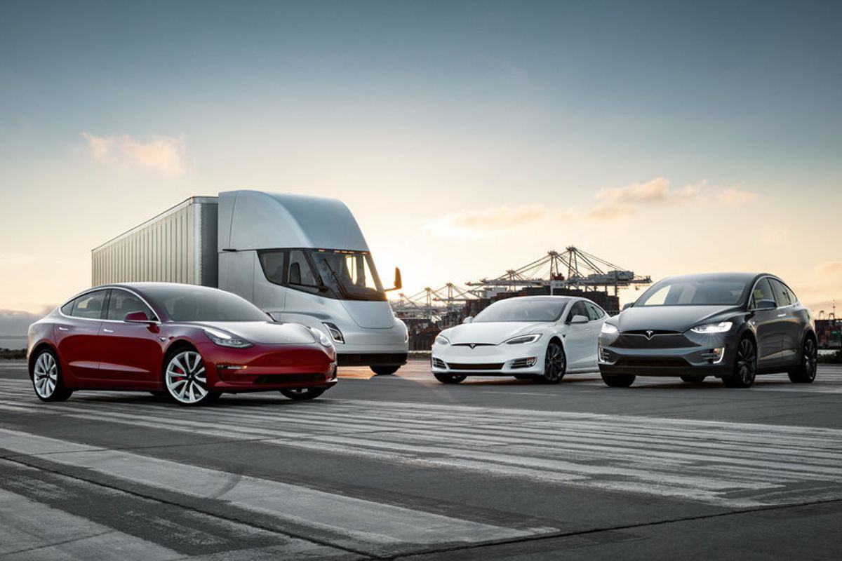 Photo of the Tesla Model 3, Model S, Model X and semi truck
