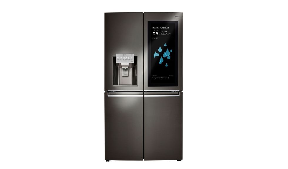 A photo of the \u200bLG InstaView ThinQ refrigerator, which you can view what's inside of it, through an app