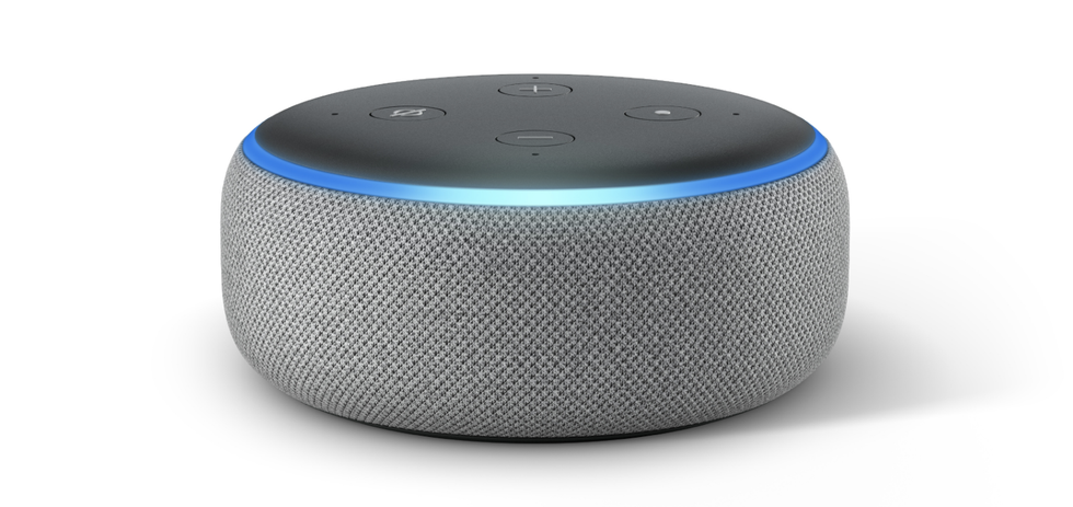A photo of an Amazon Echo Dot, an Alexa device that records what you say when you wake the digital assistant up