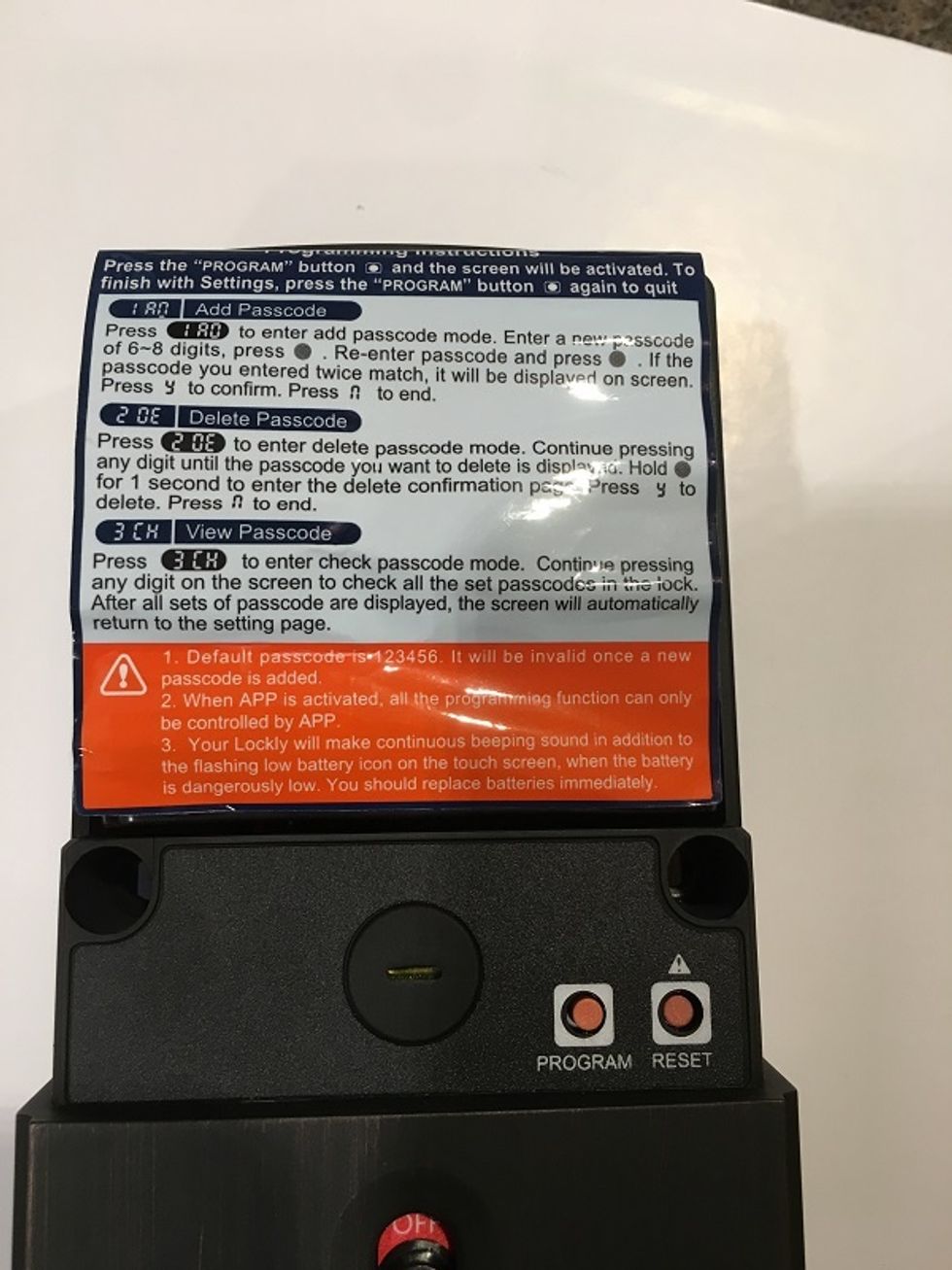 Photo of the programming instructions for lockly smart lock
