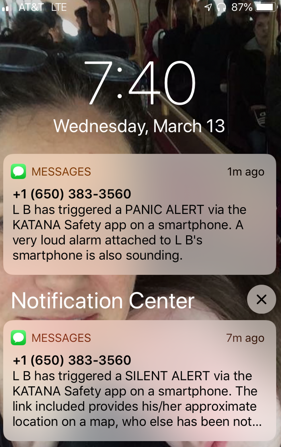 A photo of alerts coming through the \u200bKatana app, which goes to contacts, letting them know when you've set off an alarm
