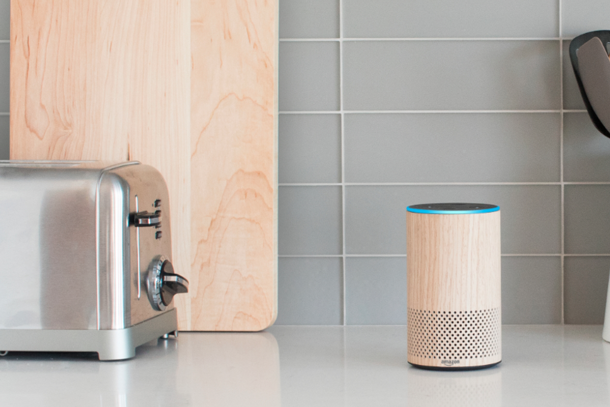 Photo of an Amazon Echo smart speaker in the kitchen