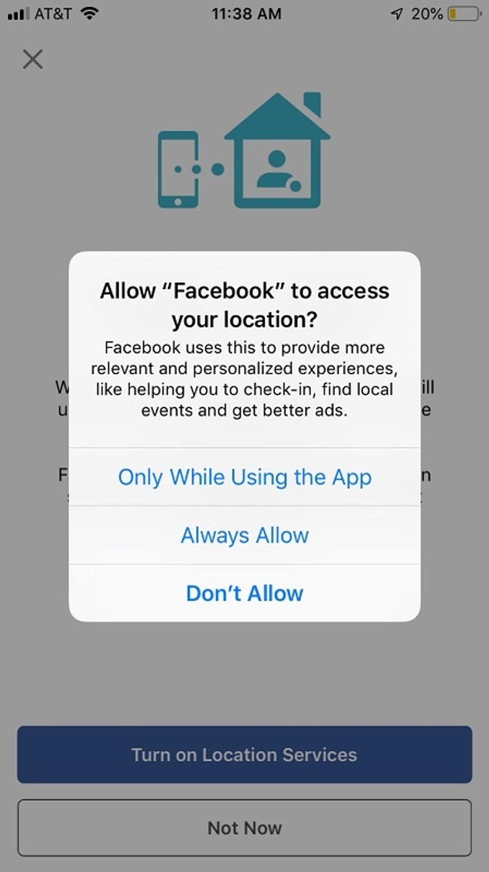 Picture of facebook portal app allowing facebook to access your location