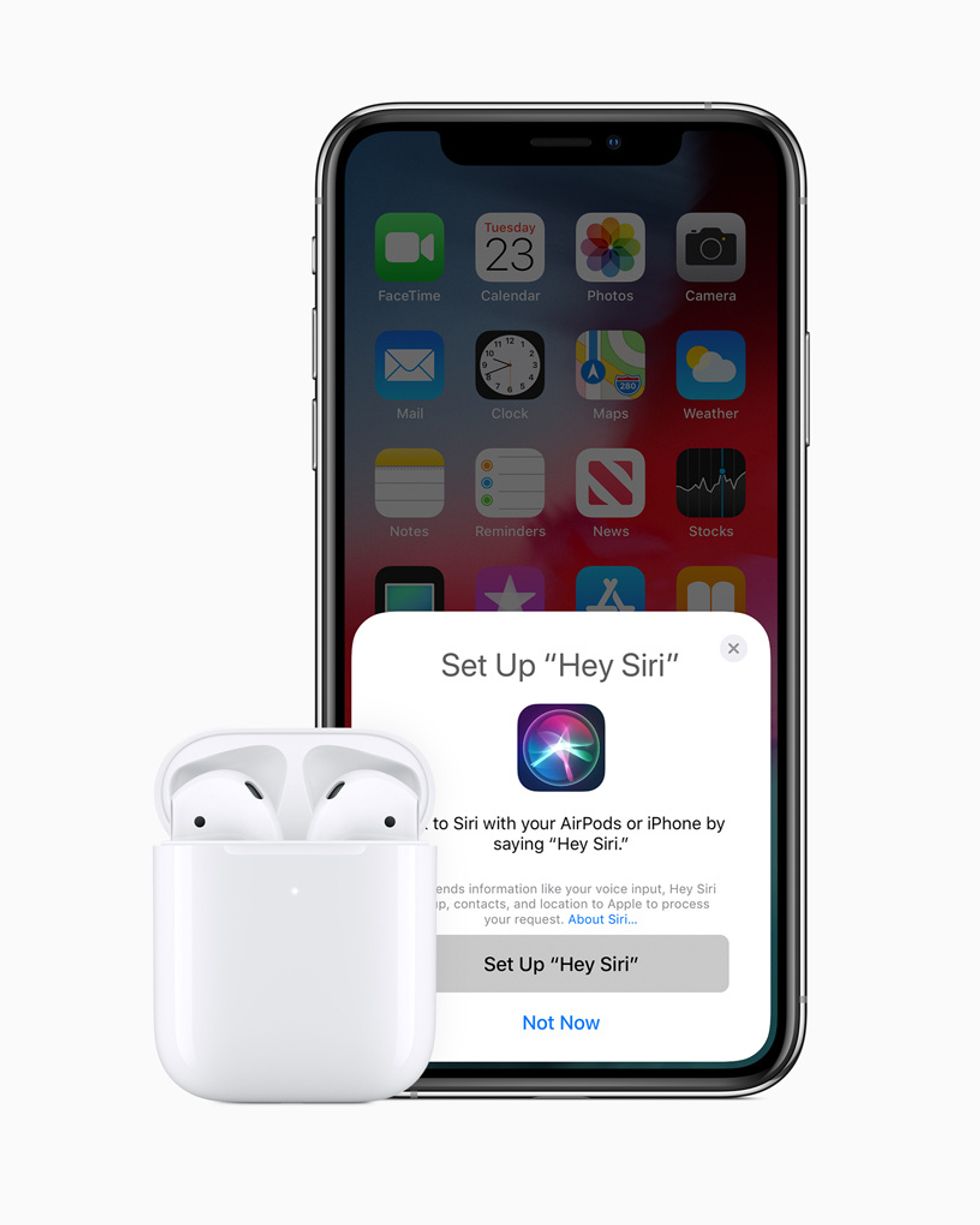 An image of the new AirPods 2, which now has voice-activated Siri \u2014 you don't have to double tap to bring up Apple's voice assistant anymore