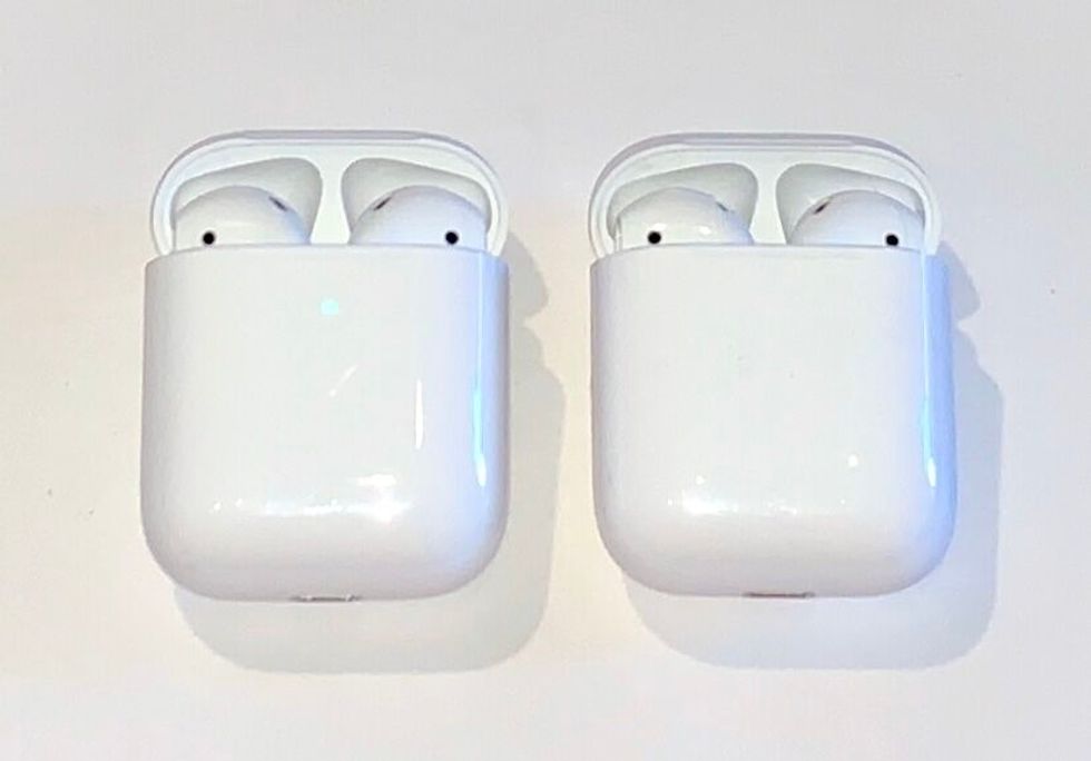 A photo of the new AirPods 2, which features an LED button right on the front to let you know when they're fully charged
