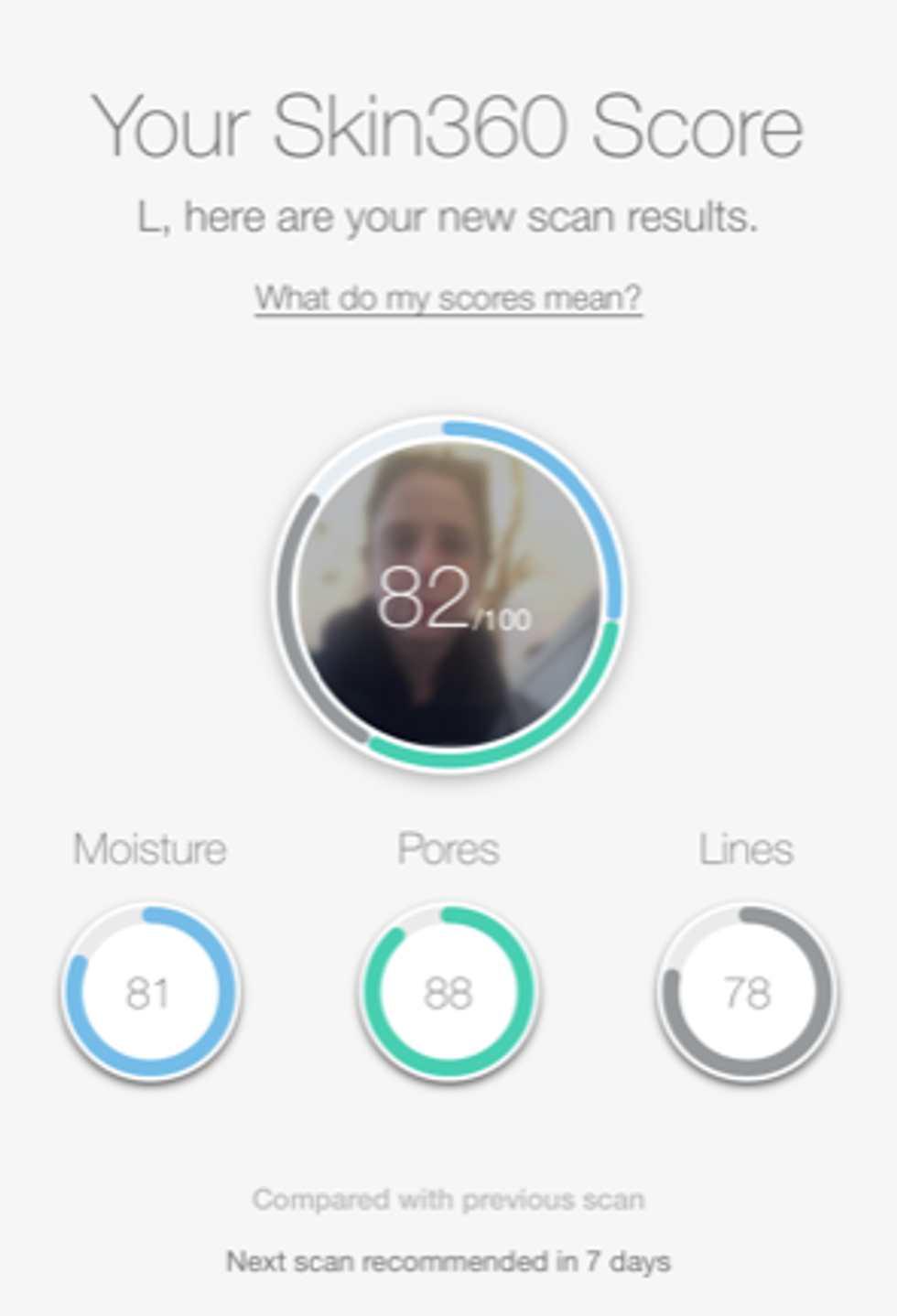 A photo of a score in the Neutrogena Skin 360 app, which you get each time you scan