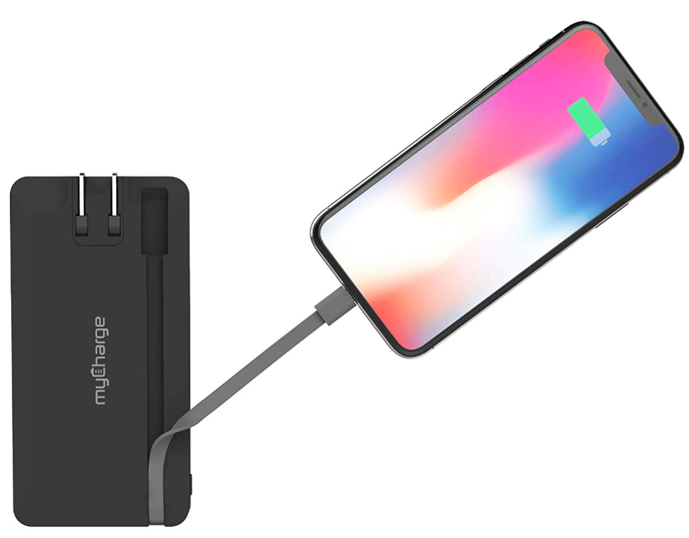 Product image of a portable battery charging an iPhone X
