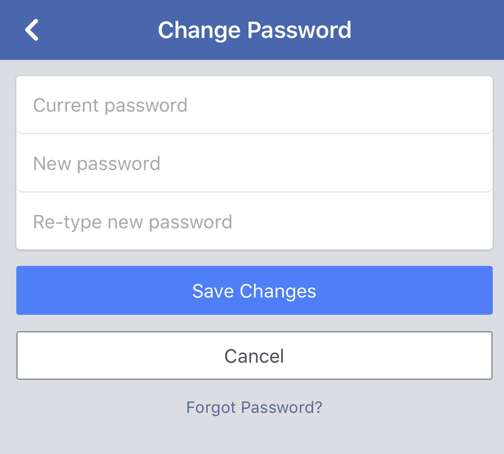 Image of Facebook screen, with details on how to change your password