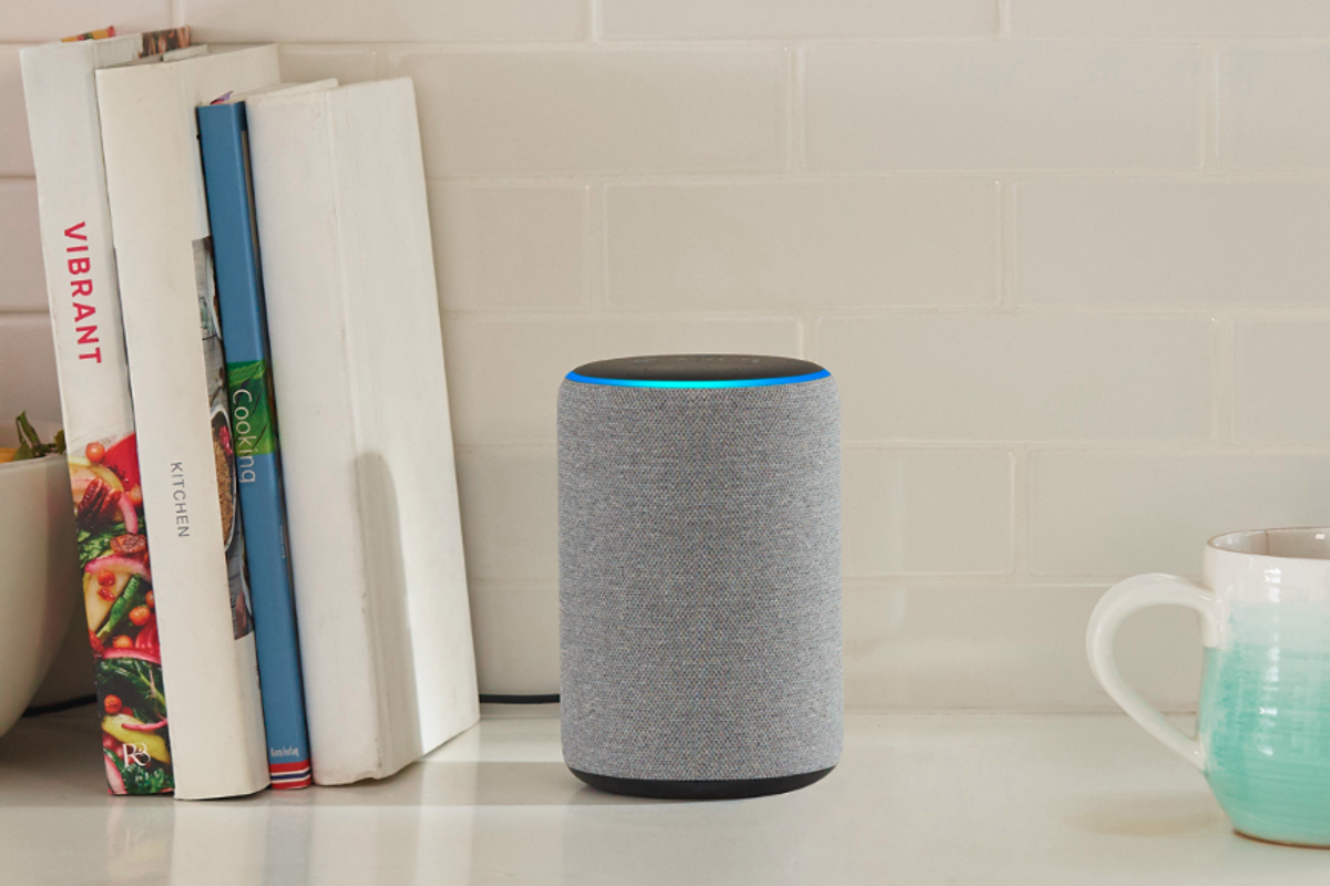 Photo of an Amazon Echo smart speaker on a bookshelf