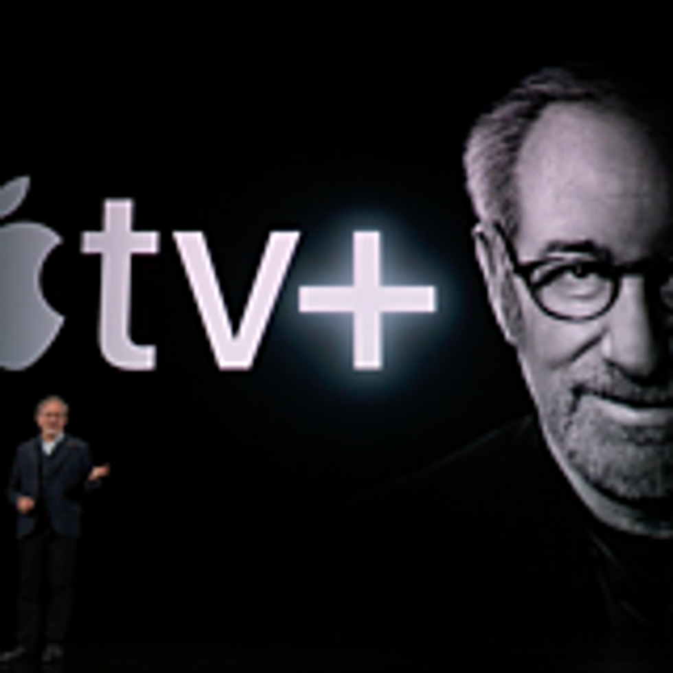 Photo from the Apple even on March 25, 2019 about Apple TV+ with Steven Spielberg on stage