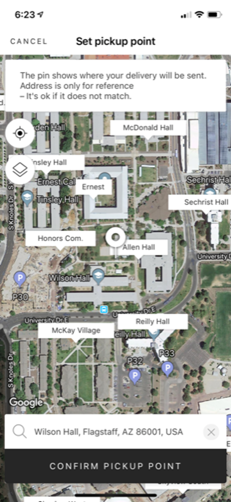 A photo of the Starship app, with a map of Northern Arizona University campus, with locations where the robots can deliver students' food