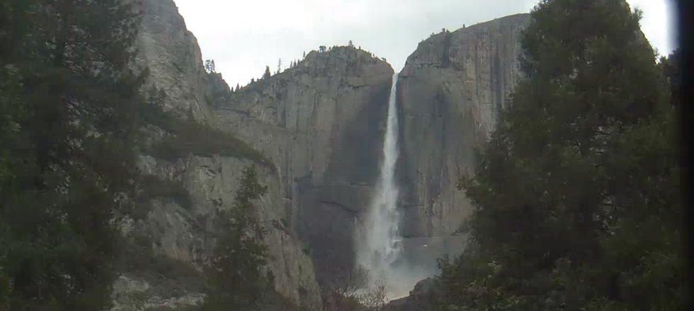 A photo from a live webcam view of Yosemite Falls in California, with pine trees framing the 6500-foot falls.
