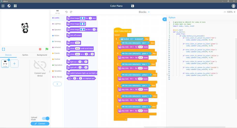 An image of the screen that shows someone programming Codey Rocky, with Scratch code on the left and Python on the right