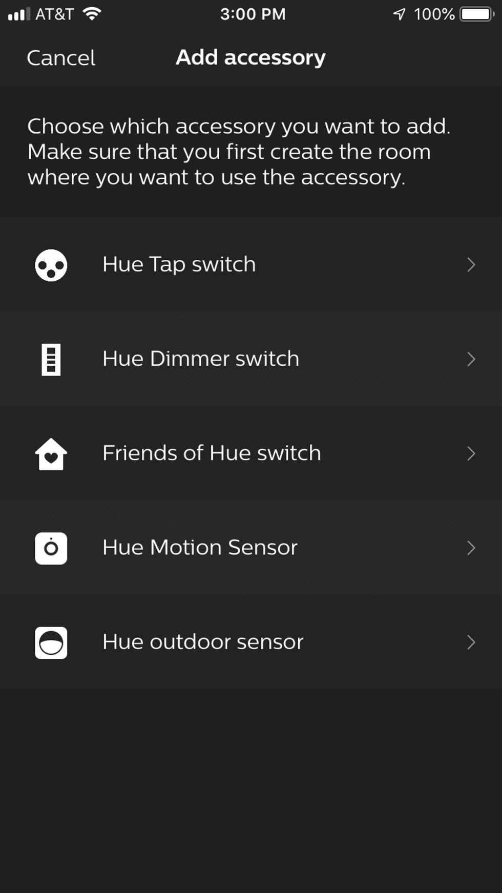 screenshot of hue app choose accessory screen