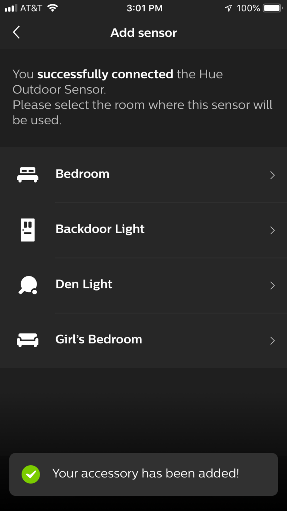 screenshot of hue app add a room screen