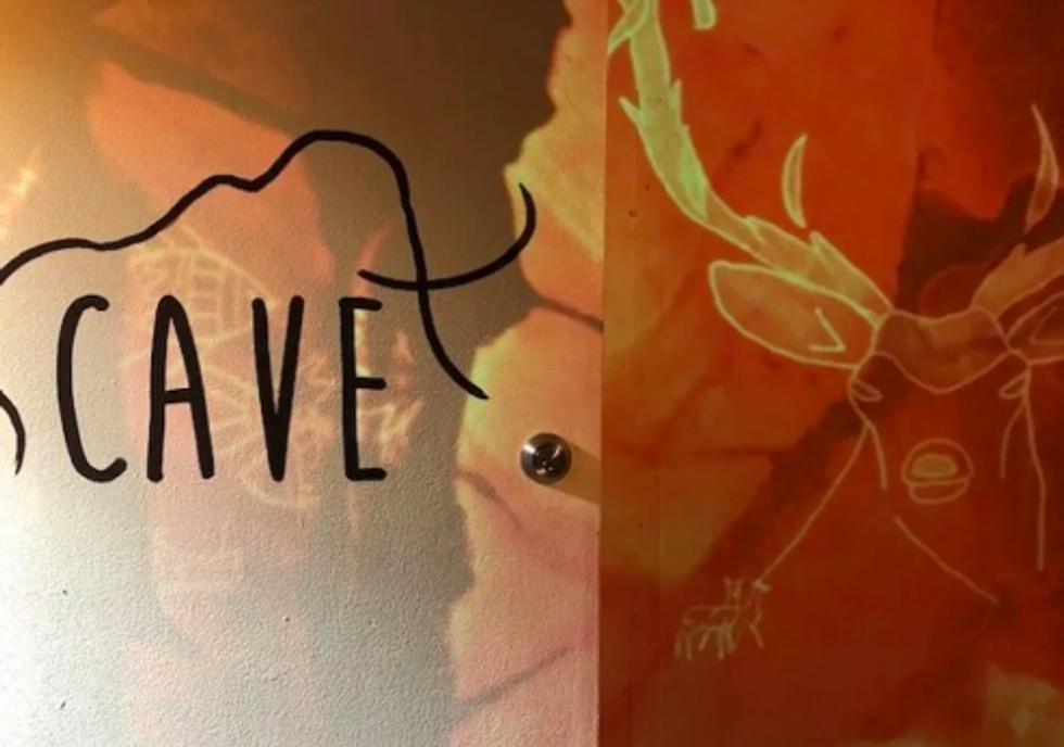 The VR experience, "Cave," with the poster here, made use of Parallux technology so viewers become part of the story.