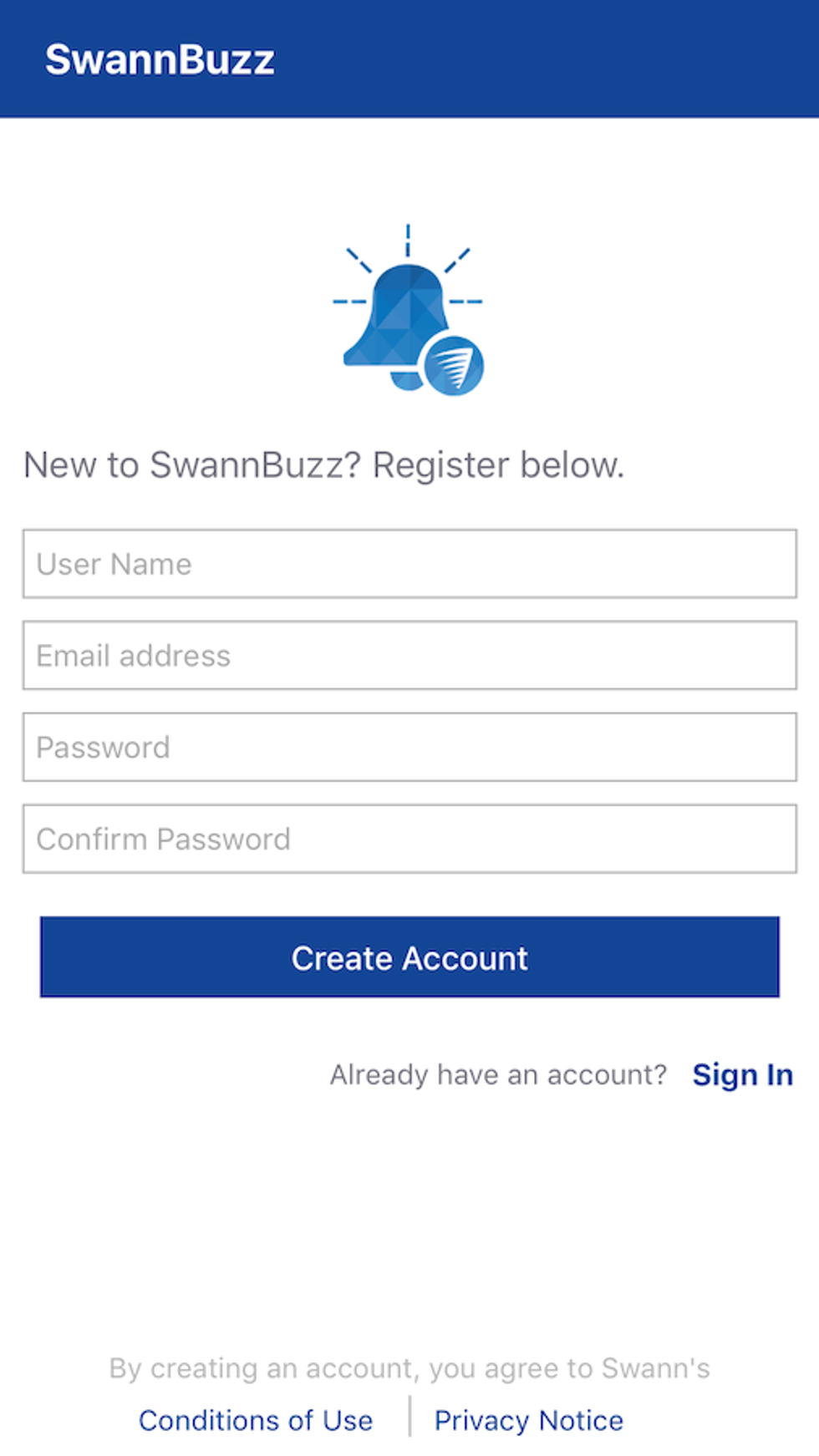 Photo of Swann Buzz mobile app open account screen