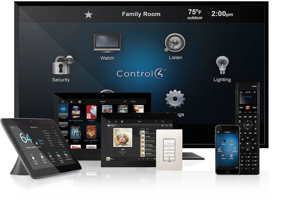 Uma foto da interface Control4 e vários produtos domésticos inteligentes que a empresa suporta